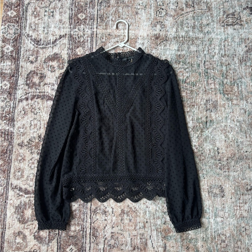 Endless Rose Black Lace-Trim Long Sleeve Blouse